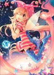  1girl \m/ american_flag_legwear american_flag_shirt bangs blonde_hair clownpiece earth fairy_wings from_behind hat jester_cap kirero long_hair looking_at_viewer looking_back moon one_eye_closed open_mouth pantyhose planet polka_dot red_eyes short_sleeves solo star torch touhou very_long_hair wings 