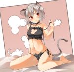  1girl animal_ears bangs black_bra black_panties blush bra breasts cat_keyhole_bra cat_lingerie cleavage collar collarbone grey_hair hasebe_yuusaku mouse_ears mouse_tail navel nazrin panties red_eyes short_hair side-tie_panties sitting solo tail touhou underwear untied wariza 