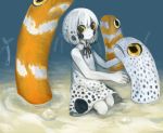  1girl black_eyes eel looking_at_viewer mirin_(1815815) original pale_skin personification sand sitting sketch sleeveless solo underwater white_hair yellow_sclera 