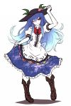 1girl blue_hair blush boots bow bowtie flat_color food fruit full_body gradient_hair hat hinanawi_tenshi long_hair miata_(pixiv) multicolored_hair one_eye_closed peach puffy_sleeves red_eyes ribbon short_sleeves simple_background skirt skirt_lift smile solo touhou white_background zipper