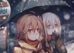  2girls ahoge alternate_costume amoranorem blonde_hair breathing_on_hands brown_eyes brown_hair bus_stop coat commentary_request gloves grey_eyes hair_between_eyes hair_ornament hands_together i-58_(kantai_collection) kantai_collection multiple_girls outdoors scarf short_hair u-511_(kantai_collection) umbrella 