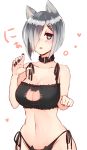  1girl :p alternate_costume animal_ears bell bell_choker belt black_nails black_panties blue_eyes bob_cut breasts cat_cutout cat_ears cat_keyhole_bra cat_lingerie choker cleavage clenched_hand collar hair_ornament hair_over_one_eye hairclip hamakaze_(kantai_collection) heart highres kantai_collection kemonomimi_mode large_breasts looking_at_viewer nail_polish navel one_eye_covered panties sakiryo_kanna short_hair side-tie_panties silver_hair simple_background sketch solo stomach tongue tongue_out underwear underwear_only upper_body white_background 