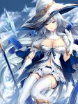  1girl blue_eyes breasts cape cleavage gloves hat large_breasts limeblock long_hair open_mouth original silver_hair solo thigh-highs witch_hat 