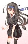  1girl acchii_(akina) ahoge asymmetrical_legwear black_hair black_legwear black_skirt blazer blush collared_shirt hatsushimo_(kantai_collection) headband kantai_collection kneehighs long_hair looking_at_viewer low-tied_long_hair open_mouth pleated_skirt red_eyes remodel_(kantai_collection) school_uniform shirt simple_background single_kneehigh single_thighhigh skirt sleeves_rolled_up sparkle thigh-highs white_background 