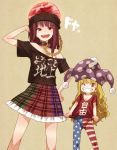  2girls american_flag_legwear bangs black_shirt blonde_hair chain clothes_writing clownpiece collar collarbone grin hat hecatia_lapislazuli jester_cap long_hair looking_at_viewer multicolored_skirt multiple_girls off_shoulder one_eye_closed open_mouth pantyhose red_eyes red_shirt redhead shirt short_sleeves smile standing teeth touhou urin 