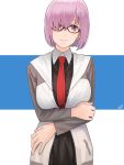  1girl amino_(tn7135) black_dress blush breast_hold breasts dress fate/grand_order fate_(series) glasses hair_over_one_eye jacket large_breasts looking_at_viewer necktie purple_hair shielder_(fate/grand_order) short_hair smile solo violet_eyes 