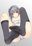 1girl absurdres bangs bare_shoulders blurry collarbone depth_of_field frills full_body gin00 grey_background grey_hair grey_legwear highres kantai_collection kasumi_(kantai_collection) legs_up long_hair looking_at_viewer no_shoes panties see-through side_ponytail sitting sketch solo strap_slip striped striped_panties thigh-highs underwear underwear_only vertical_stripes 