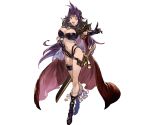  &gt;:d 1girl :d black_gloves blue_eyes blush breasts cape circlet cleavage full_body gloves granblue_fantasy hair_intakes large_breasts long_hair minaba_hideo naga_the_serpent navel official_art open_mouth purple_hair simple_background slayers smile solo spikes sword transparent_background weapon 