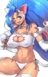  1girl bare_shoulders big_hair blue_eyes blue_hair breasts cat_cutout cat_keyhole_bra cat_lingerie cleavage fang felicia large_breasts looking_at_viewer negresco panties paws side-tie_panties simple_background solo thick_thighs thigh-highs thighs underwear vampire_(game) white_background white_legwear 