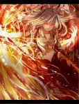  1girl colored fire fujiwara_no_mokou glowing glowing_eyes hair_ribbon letterboxed long_hair looking_to_the_side nakaichi_(ridil) open_mouth outstretched_arm pants red_eyes ribbon shirt silver_hair sketch smile solo torn_clothes torn_shirt touhou 