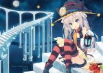  1girl :o animal_ears black_skirt boots fantasy food fountain_pen grey_eyes grey_hair hat lantern long_hair moon nibiiro_shizuka night night_sky original panties pen skirt sky solo stairs striped striped_legwear thigh-highs underwear white_panties witch_hat 