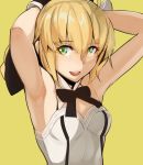  1girl :d adjusting_hair armpits blonde_hair bow fate/grand_order fate_(series) glowing green_eyes hair_bow netlk open_mouth saber saber_lily smile solo upper_body 