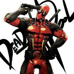  1boy beretta_92 black_gloves bodysuit character_name cowboy_shot deadpool finger_on_trigger gloves gun gun_to_head hand_on_hip handgun highres iroha_(akei0710) male_focus marvel mask pouch pouches shotgun_shells solo superhero sword weapon 