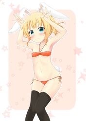  1girl alternate_hairstyle animal_ears armpits bandeau bangs bare_arms bare_shoulders bikini black_legwear blonde_hair blue_eyes blunt_bangs blush bunny_pose bunny_tail collarbone cowboy_shot gochuumon_wa_usagi_desu_ka? groin kirima_sharo knees_together_feet_apart light_smile looking_at_viewer lowleg lowleg_bikini navel orange_bikini pink_background rabbit_ears short_hair side-tie_bikini side_ponytail small_breasts solo standing swimsuit tail tareme thigh-highs yasaka_(astray_l) 