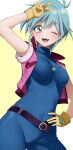  1girl allenby_beardsley belt blue_hair bodysuit breasts campbell_xx g_gundam gloves green_eyes gundam highres jewelry large_breasts looking_at_viewer one_eye_closed open_mouth pink_vest short_hair skin_tight smile solo vest 
