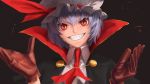 1girl amino_(tn7135) ascot blue_hair brown_gloves cape fangs gloves grin hat hat_ribbon high_collar looking_at_viewer mob_cap red_eyes red_ribbon remilia_scarlet ribbon short_hair slit_pupils smile solo touhou tsurime upper_body 