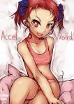  1girl accel_world artist_name blue_bow bow collarbone copyright_name dated freckles grin hair_bow ichigai_(hayawossan) knee_up kouzuki_yuniko looking_at_viewer midriff misspelled on_animal pig pig_tail red_eyes redhead sitting smile solo sweat swimsuit tail thighs two_side_up white_background 