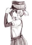  1girl adjusting_clothes adjusting_hat arm_warmers hair_ribbon hat kantai_collection keionism monochrome ooshio_(kantai_collection) peaked_cap pleated_skirt ribbon school_uniform serafuku shaded_face short_hair short_sleeves short_twintails skirt solo suspenders twintails 
