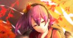  1girl autumn_leaves ears hair_between_eyes hairband half-closed_eyes light_smile looking_at_viewer purple_hair red_shirt rope shimenawa shiny shiny_hair shirt short_hair solo sunset touhou wind yasaka_kanako yugeoryouki 