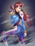  1girl arm_at_side ass bangs bodysuit breasts brown_eyes brown_hair covered_nipples d.va_(overwatch) demon77 facial_mark from_side gloves grey_background gun headphones highres long_hair looking_at_viewer medium_breasts one_eye_closed overwatch pilot_suit swept_bangs thighs weapon whisker_markings white_gloves 