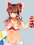  1girl ball beach_towel beachball bikini breasts brown_eyes brown_hair hakurei_reimu hat hat_ribbon highres long_hair looking_at_viewer ribbon simple_background smile solo swimsuit touhou zeroyama 