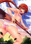  1girl ahoge armpits artist_request ass bikini blue_eyes blurry brown_hair depth_of_field dutch_angle fat_mons frilled_bikini frills from_below green_eyes gun hairband heterochromia highres leaf looking_back open_mouth outdoors pink_bikini plaid plaid_bikini rifle ryoubi_(senran_kagura) senran_kagura_(series) senran_kagura_shinovi_versus shiny shiny_skin small_breasts solo swimsuit weapon 