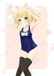  1girl alternate_hairstyle animal_ears armpits bangs bare_arms bare_shoulders black_legwear blonde_hair blue_eyes blunt_bangs blush breasts bunny_pose bunny_tail cleavage collarbone cowboy_shot gochuumon_wa_usagi_desu_ka? kirima_sharo knees_together_feet_apart light_smile looking_at_viewer name_tag navel one-piece_swimsuit pink_background rabbit_ears school_swimsuit short_hair side_ponytail small_breasts solo standing swimsuit tail tareme thigh-highs yasaka_(astray_l) 