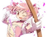  1girl ;d blurry bow_(weapon) buttons choker depth_of_field ear frilled_sleeves frills gloves hair_ribbon jewelry kaname_madoka koitsu_(blue) magical_girl mahou_shoujo_madoka_magica one_eye_closed open_mouth pink_eyes pink_hair ribbon short_sleeves short_twintails simple_background smile solo twintails upper_body weapon white_background white_gloves 