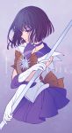  1girl bishoujo_senshi_sailor_moon black_hair bow brooch brown_bow choker cowboy_shot earrings eclosion elbow_gloves expressionless gloves jewelry looking_away magical_girl pleated_skirt purple purple_background purple_skirt sailor_collar sailor_saturn short_hair skirt solo staff tiara tomoe_hotaru violet_eyes white_gloves 