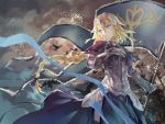  1girl armor armored_dress avamone blonde_hair blue_eyes braid capelet chain fate/apocrypha fate_(series) flag gauntlets hand_on_own_chest headpiece highres long_hair looking_to_the_side low-tied_long_hair ruler_(fate/apocrypha) single_braid solo tree 