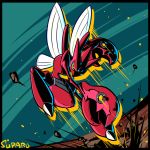  artist_name black_border border claws full_body insect_wings motion_lines no_humans pokemon scizor signature solo suparu_(detteiu) wings yellow_eyes 