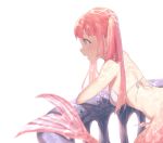  1girl back bangs blue_eyes blurry blush breasts caustics depth_of_field jewelry long_ponytail mermaid monster_girl necklace open_mouth original pink_hair profile shell shell_bikini simple_background solo string_bikini twintails uni_(melm) white_background 