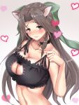 1girl alternate_costume bangs bare_shoulders bell bell_choker blush bow breasts brown_eyes cat_cutout cat_keyhole_bra cat_lingerie choker cleavage frills green_bow hair_bow half_updo heart highres holding_strap jingle_bell jintsuu_(kantai_collection) kantai_collection large_breasts long_hair looking_at_viewer parted_bangs pink_lips sidelocks smile solo strap_slip underwear underwear_only untied untsue upper_body 