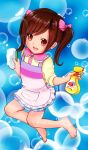  1girl :d apron barefoot bow brown_eyes brown_hair bubbles chikusan_nurseman child eyebrows_visible_through_hair highres long_hair open_mouth original pink_bow smile solo twintails upper_teeth 