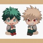  2boys bakugou_katsuki blonde_hair boku_no_hero_academia bright_pupils brown_footwear chibi collared_shirt commentary_request freckles gaagyeo green_eyes green_hair green_pants grey_jacket grin hands_on_own_knees highres jacket knees_up korean_commentary letterboxed long_sleeves looking_at_viewer male_focus midoriya_izuku multiple_boys necktie open_mouth pants red_eyes red_footwear red_necktie school_uniform shirt shoes short_hair simple_background smile spiky_hair standing teeth u.a._school_uniform white_background white_pupils white_shirt 