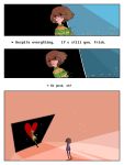  3koma androgynous boots brown_hair chara_(undertale) comic disintegration english fofu_(vivivi7068) frisk_(undertale) heart heart_necklace highres red_eyes spoilers striped striped_sweater sweater tagme undertale 