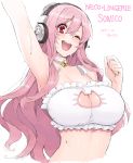  1girl ;d angelo_(gomahangetsu) arm_up armpits bell bell_choker blush breasts cat_keyhole_bra choker cleavage cleavage_cutout collar headphones highres jingle_bell large_breasts long_hair looking_at_viewer nitroplus open_mouth pink_eyes pink_hair simple_background sketch smile solo super_sonico underwear underwear_only white_background wink 