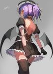  1girl artist_name back bat_wings black_gloves black_legwear blush choker dated dress gloves hat highres looking_at_viewer looking_back myero ponytail puffy_short_sleeves puffy_sleeves purple_hair red_eyes remilia_scarlet short_sleeves simple_background solo standing thigh-highs touhou wings 