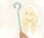  1girl blonde_hair braid final_fantasy final_fantasy_tactics gloves hood long_hair robe smile solo staff twin_braids twintails weapon white_mage white_mage_(fft) 