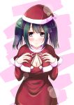  1girl alternate_costume blush breasts capelet cleavage green_hair grey_eyes hat hiryuu_(kantai_collection) kantai_collection looking_at_viewer mikage_takashi parted_lips santa_hat solo twintails 