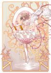  1girl angel_wings card cardcaptor_sakura choker clow_card dress floating_card floating_object frilled_dress frills from_side hair_ribbon highres kinomoto_sakura leenim magical_girl petals puffy_short_sleeves puffy_sleeves ribbon shoes short_sleeves single_thighhigh solo thigh-highs two_side_up white_legwear white_shoes wings 