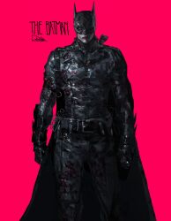  1boy absurdres bat_mask batman batman_(series) batman_symbol belt black_bodysuit black_eyeliner bodysuit dc_comics eyeliner grey_bodysuit highres makeup male_focus rxzarx simple_background solo superhero_costume taut_bodysuit taut_clothes the_batman_(2022) title utility_belt 