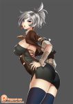  1girl blue_eyes breasts covered_nipples dress gauntlets jacket kaori_hero large_breasts league_of_legends open_clothes open_jacket open_mouth riven_(league_of_legends) short_dress silver_hair solo thigh-highs thighs zettai_ryouiki 