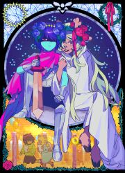  1girl 1other absurdres aged_down aqua_skin armor armored_boots blonde_hair blue_flower blue_hair boots breastplate brown_eyes cape colored_skin commentary_request delta_rune_(symbol) deltarune fake_horns flower gauntlets hairband head_wreath highres holding holding_paper holding_sword holding_weapon horn_hairband horns jewelry knee_up kris_(dark_world)_(deltarune) kris_(deltarune) locked_arms long_hair noelle_holiday noelle_holiday_(dark_world) oshaberi_usagi paper partially_shaded_face pink_cape pink_eyes plant red_flower red_hairband red_horns ring short_hair side_cape sword thorn_ring_(deltarune) thorns utdr_(toby_fox) vines weapon weird_route_(deltarune) white_wings wings 