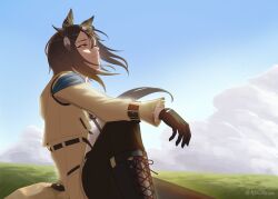 1girl absurdres animal_ears azu_reum black_boots black_gloves black_hair black_pants blue_sky boots brown_eyes brown_hair clouds coat ear_covers field gloves grass hair_between_eyes highres horse_ears horse_girl long_hair looking_up multicolored_hair outdoors pants shirt sky solo stay_gold_(sunlit_outsider)_(umamusume) stay_gold_(umamusume) umamusume white_hair white_shirt yellow_coat 
