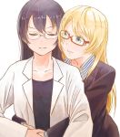  2girls ayase_eli bespectacled blonde_hair blue_eyes blue_hair frown glasses grin hair_down hug hug_from_behind labcoat long_hair love_live!_school_idol_project multiple_girls older shin9tani smile sonoda_umi sweatdrop yuri 