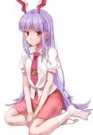  1girl animal_ears blush crescent dress_shirt extra_ears long_hair necktie puffy_short_sleeves puffy_sleeves purple_hair rabbit_ears red_eyes reisen_udongein_inaba shirt short_sleeves skirt solo touhou very_long_hair vippest 
