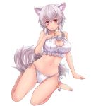  1girl animal_ears barefoot bell bell_collar blush bra cat_cutout cat_lingerie collar collarbone d: hand_on_own_chest hasu_(hk_works) inubashiri_momiji jingle_bell navel open_mouth panties red_eyes short_hair side-tie_panties sitting solo tail touhou underwear underwear_only wariza white_background white_bra white_hair white_panties wolf_ears wolf_tail 