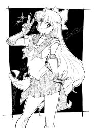  absurdres aino_minako bishoujo_senshi_sailor_moon black_background blush border bow bowtie breasts closed_mouth cowboy_shot double_v earrings elbow_gloves feet_out_of_frame gloves greyscale hair_bow half_updo hatching_(texture) highres jewelry leotard long_hair looking_at_viewer medium_breasts miniskirt monochrome pleated_skirt sailor_collar sailor_senshi_uniform sailor_venus see-through_clothes see-through_sleeves skirt smile stud_earrings tiara tomoe_tenbu v white_border white_leotard 