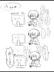  /\/\/\ 1girl 3koma bangs blunt_bangs blush_stickers comic controller cyclops frown greyscale highres joystick letterboxed monitor monochrome one-eyed open_mouth original playing_games school_uniform serafuku shima_(sh1mamu) simple_background sketch tears translation_request upper_body white_background 